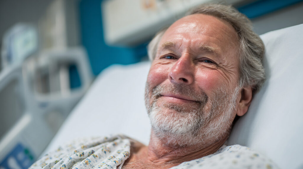 Patient in bed after a hip replacement